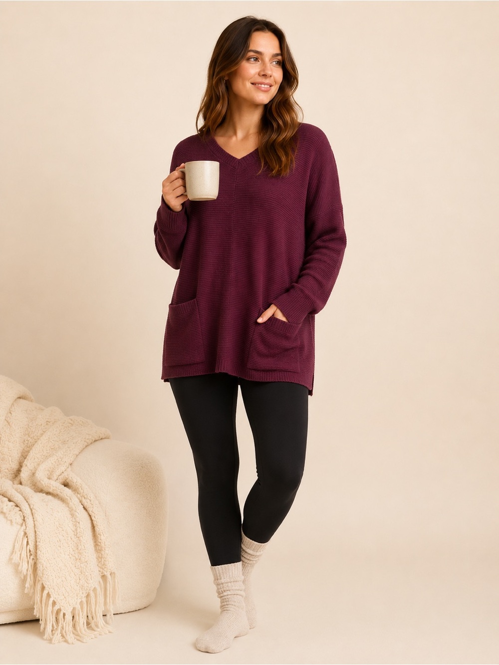 new directions Ribbed V-Neck Tunic Sweater - Plum